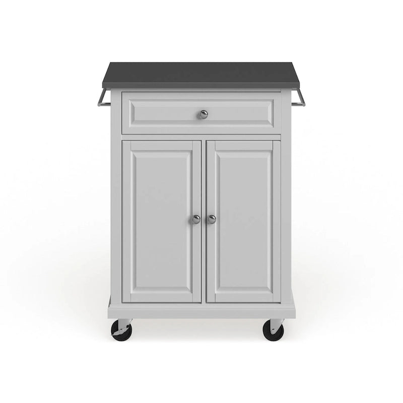 Compact White Wood Portable Kitchen Cart with Stainless Steel Top