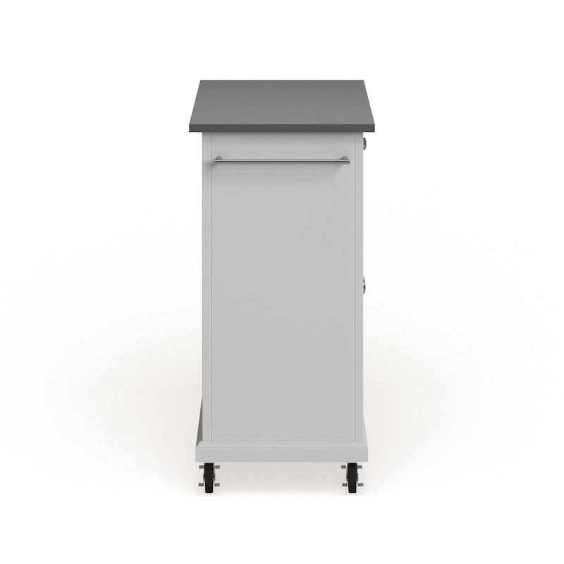 Compact White Wood Portable Kitchen Cart with Stainless Steel Top
