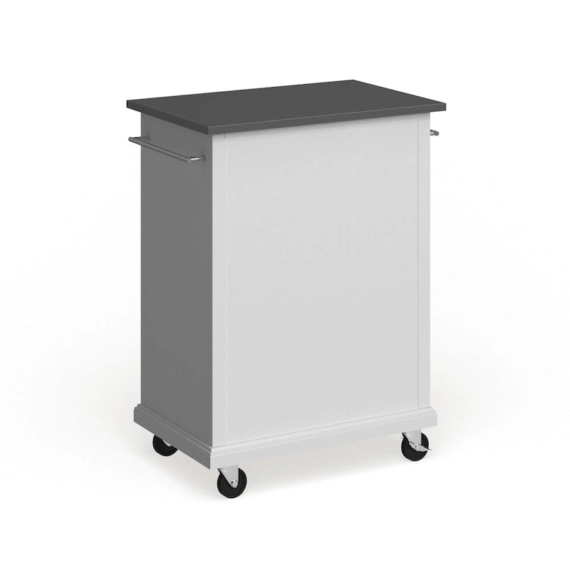 Compact White Wood Portable Kitchen Cart with Stainless Steel Top