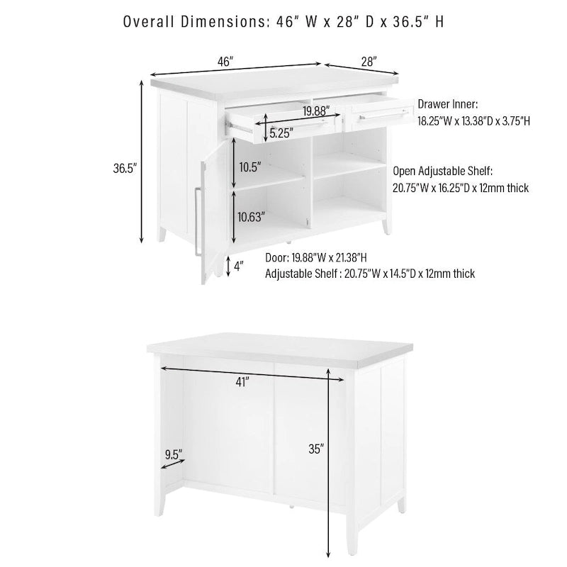 Stainless Steel Top Kitchen Island with Seating - 46W x 28D x 36.5H