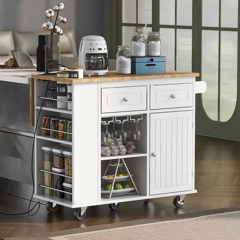 Kitchen Island Cart with Power Outlet and Drop Leaf