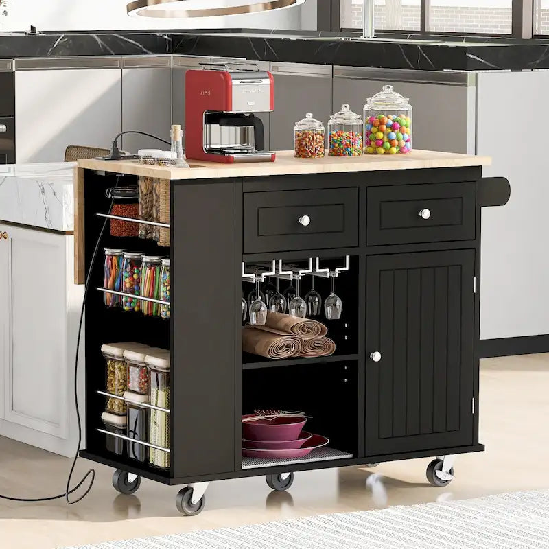 Kitchen Island Cart with Power Outlet and Drop Leaf