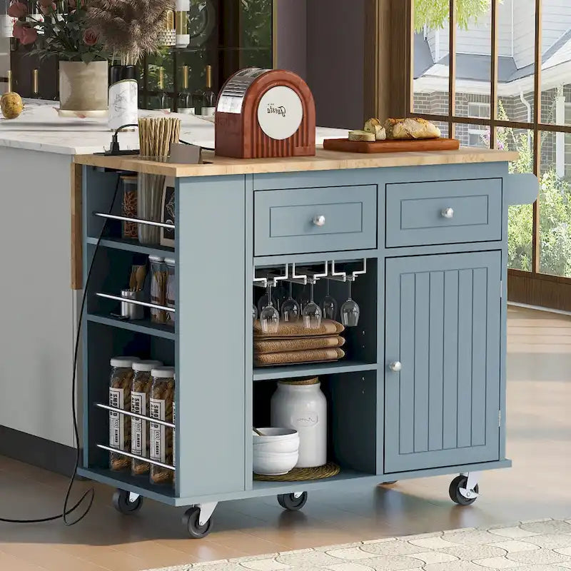 Kitchen Island Cart with Power Outlet and Drop Leaf