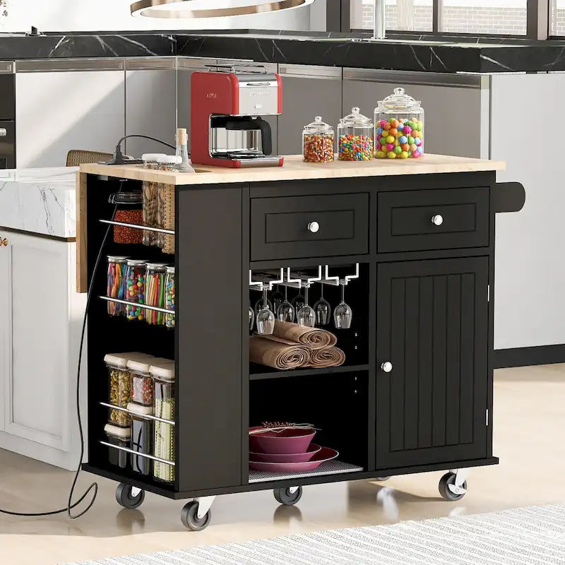 Kitchen Island Cart with Power Outlet and Drop Leaf