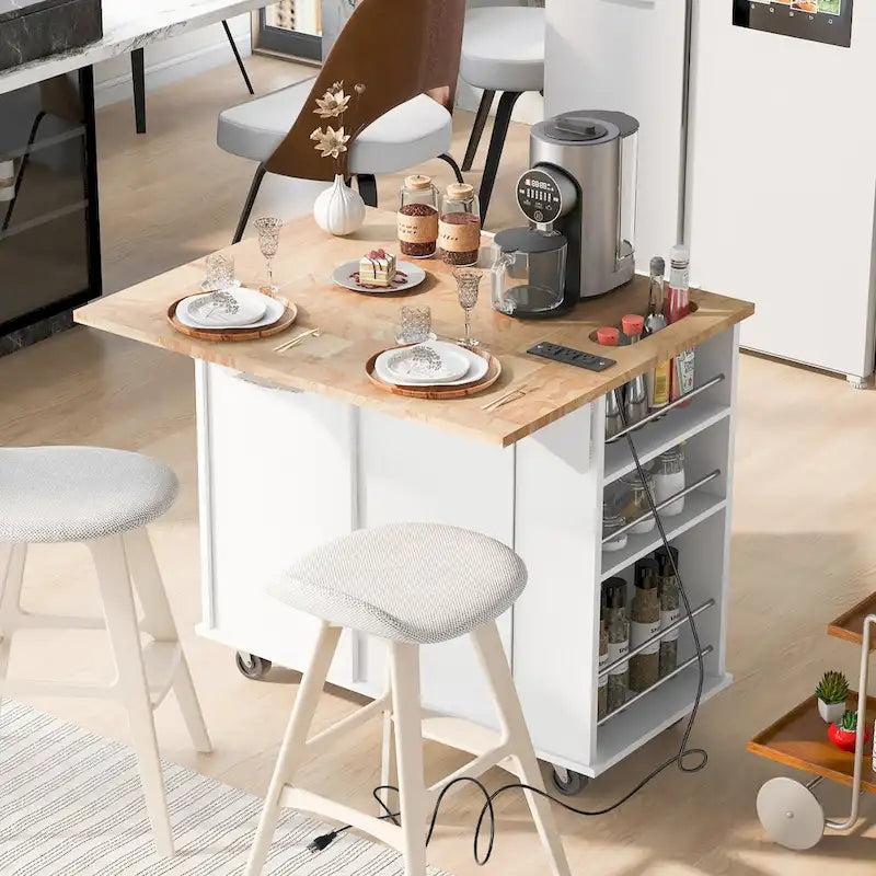 Kitchen Island Cart with Power Outlet and Drop Leaf