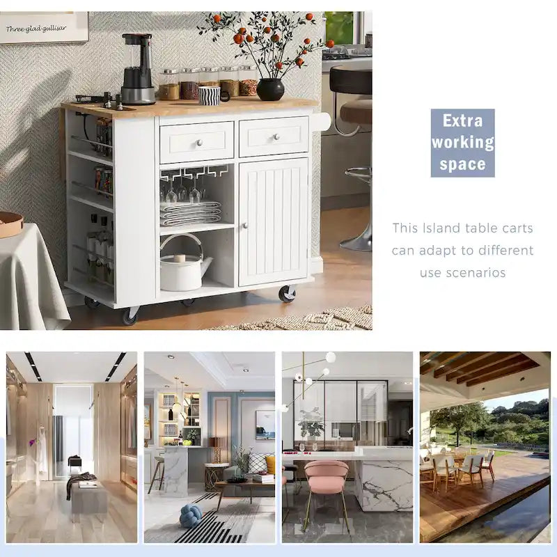 Kitchen Island Cart with Power Outlet and Drop Leaf