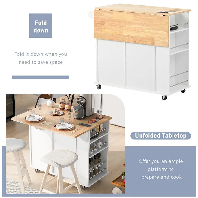 Kitchen Island Cart with Power Outlet and Drop Leaf