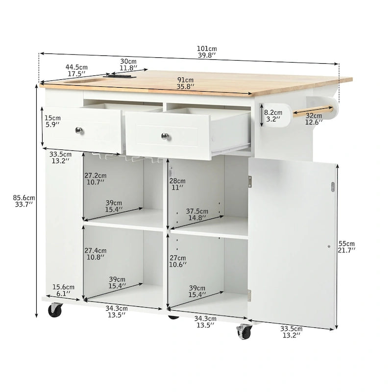 Kitchen Island Cart with Power Outlet and Drop Leaf