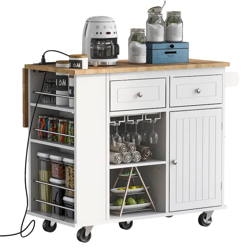 Kitchen Island Cart with Power Outlet and Drop Leaf