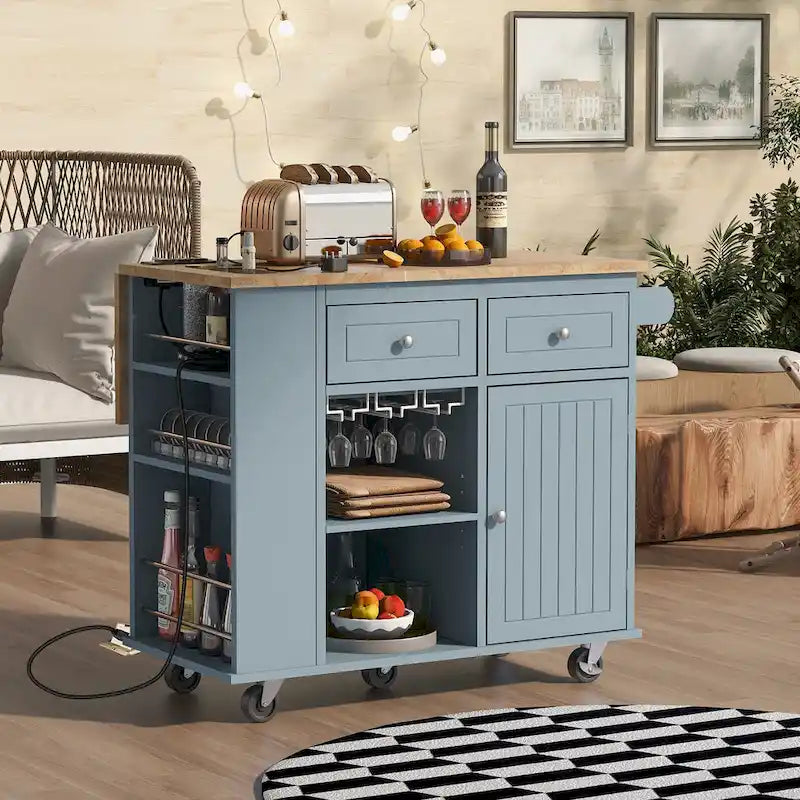 Kitchen Island Cart with Power Outlet and Drop Leaf