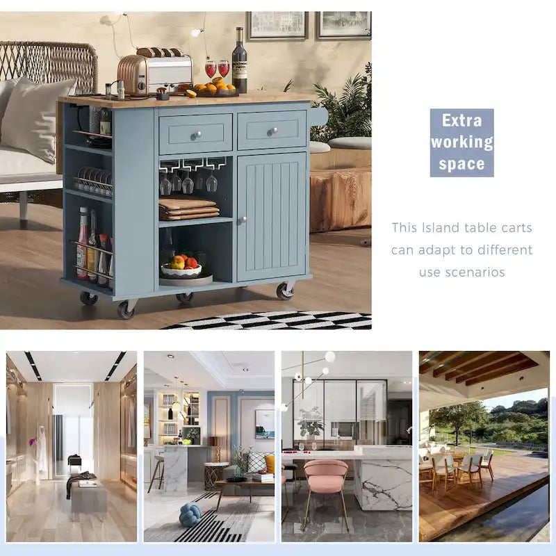 Kitchen Island Cart with Power Outlet and Drop Leaf