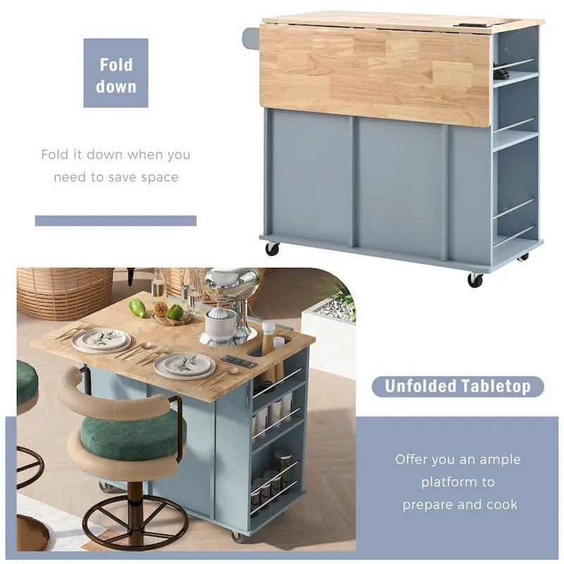 Kitchen Island Cart with Power Outlet and Drop Leaf