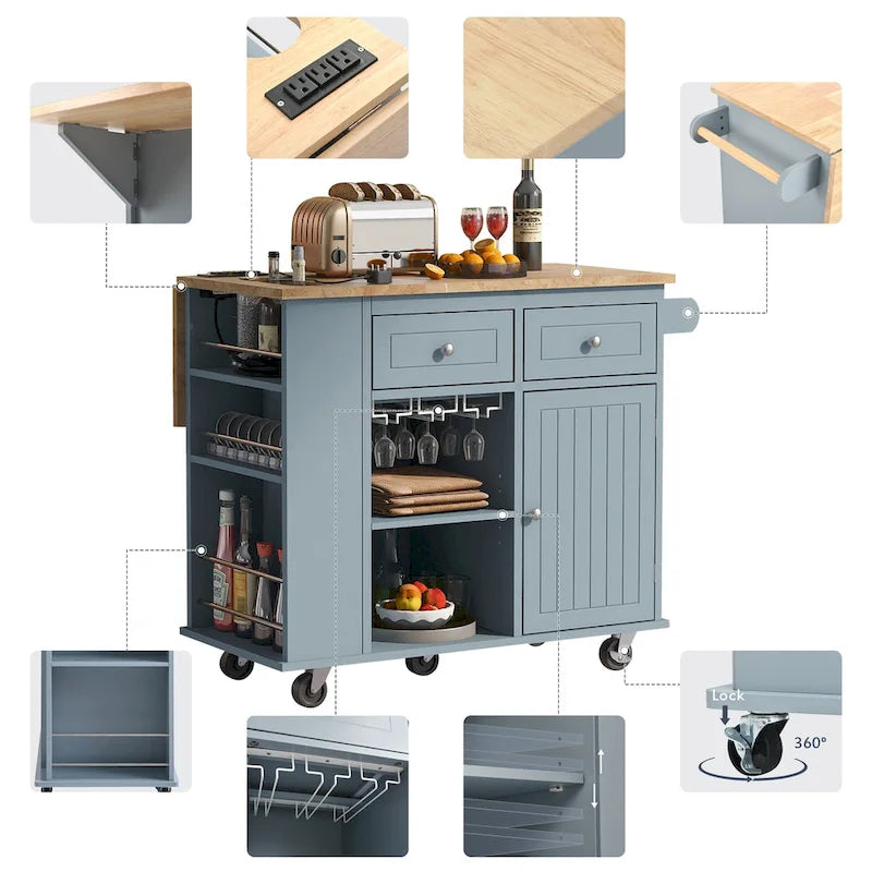 Kitchen Island Cart with Power Outlet and Drop Leaf