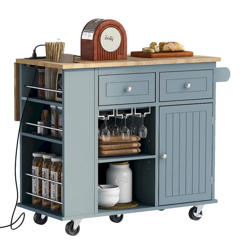 Kitchen Island Cart with Power Outlet and Drop Leaf