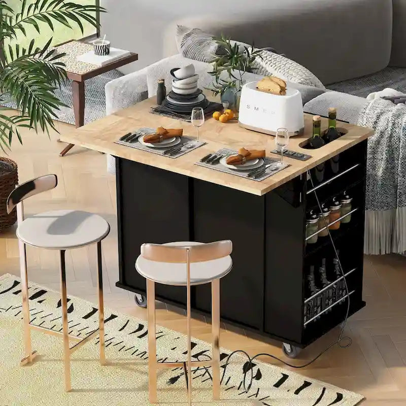 Kitchen Island Cart with Power Outlet and Drop Leaf