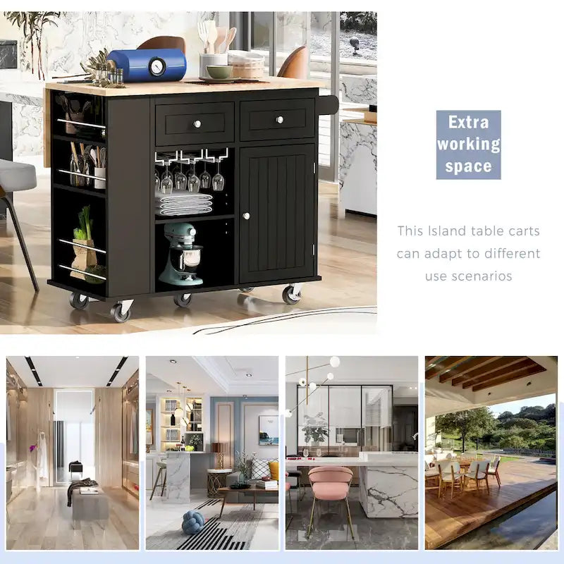 Kitchen Island Cart with Power Outlet and Drop Leaf