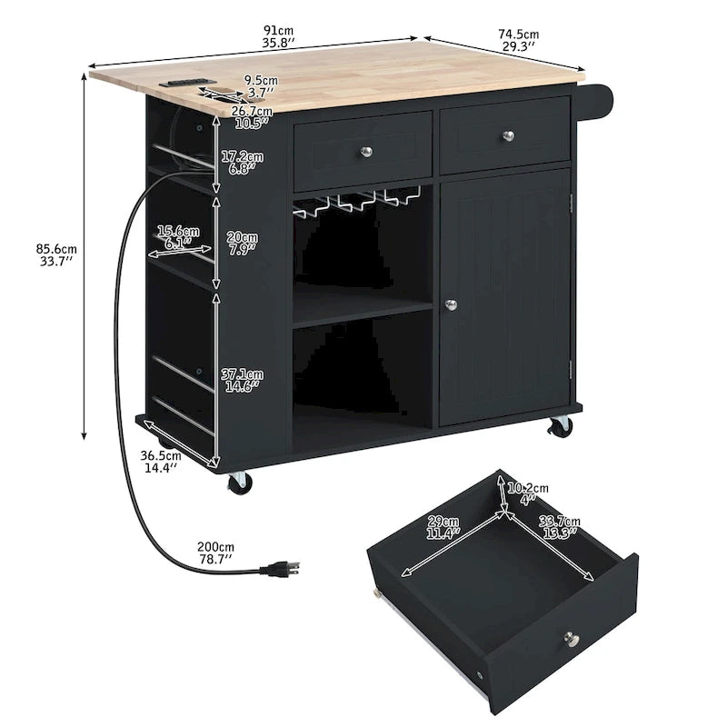 Kitchen Island Cart with Power Outlet and Drop Leaf