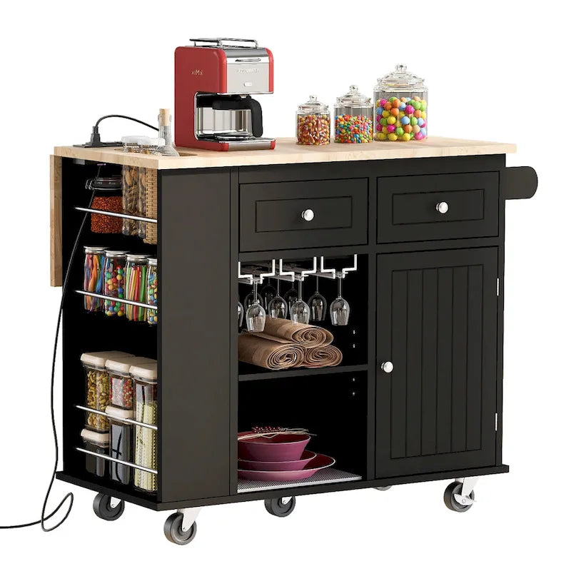 Kitchen Island Cart with Power Outlet and Drop Leaf