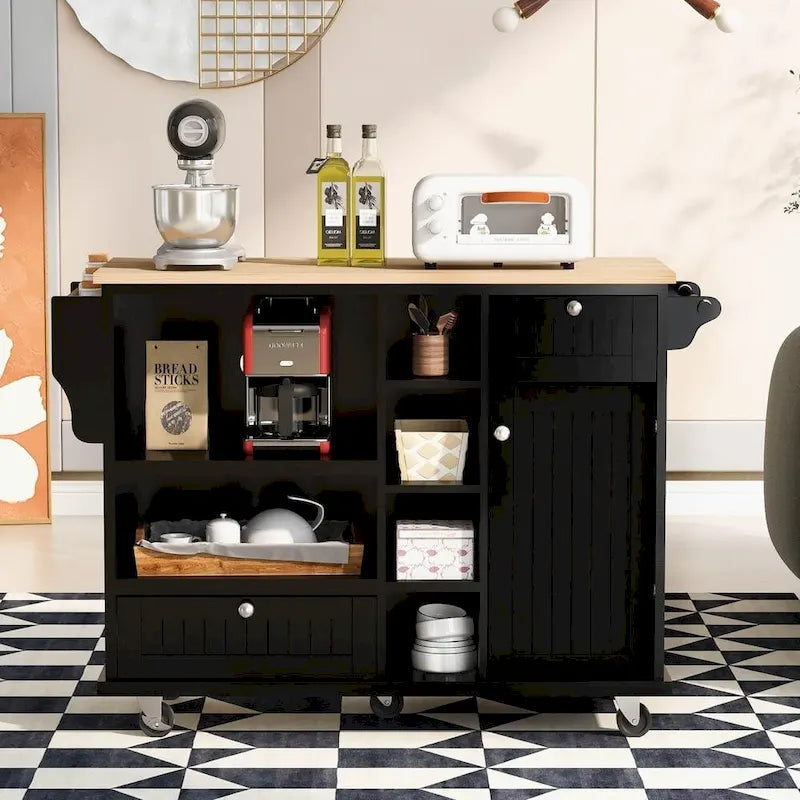 Kitchen Island Cart with Wood Top and Open Storage