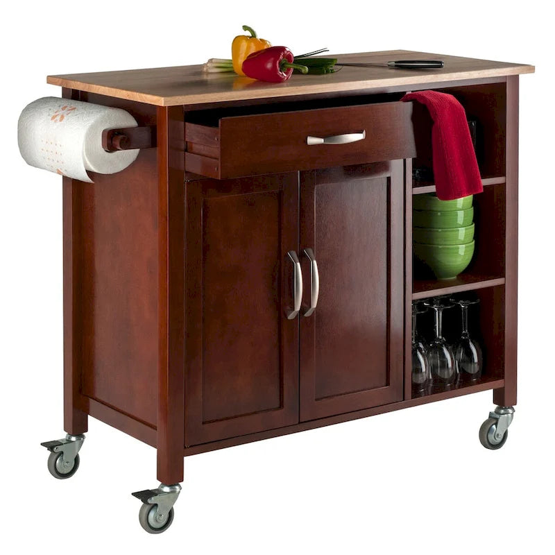 Utility Kitchen Cart with Drop Leaf, Walnut and Natural