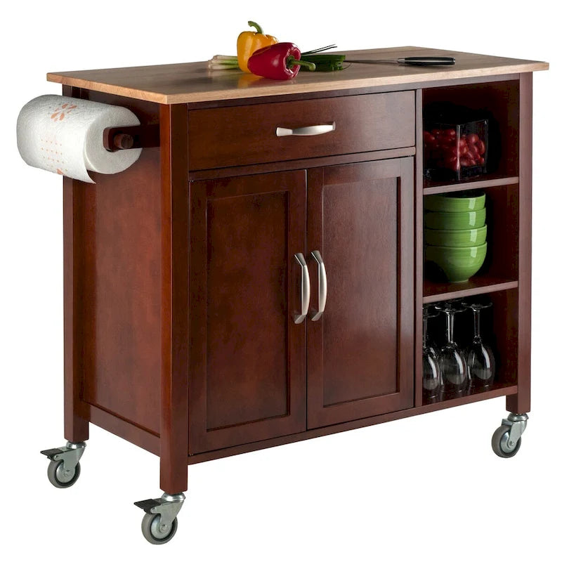 Utility Kitchen Cart with Drop Leaf, Walnut and Natural