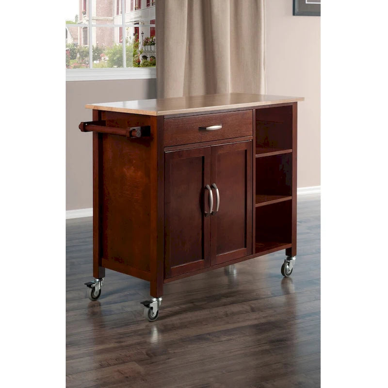 Utility Kitchen Cart with Drop Leaf, Walnut and Natural