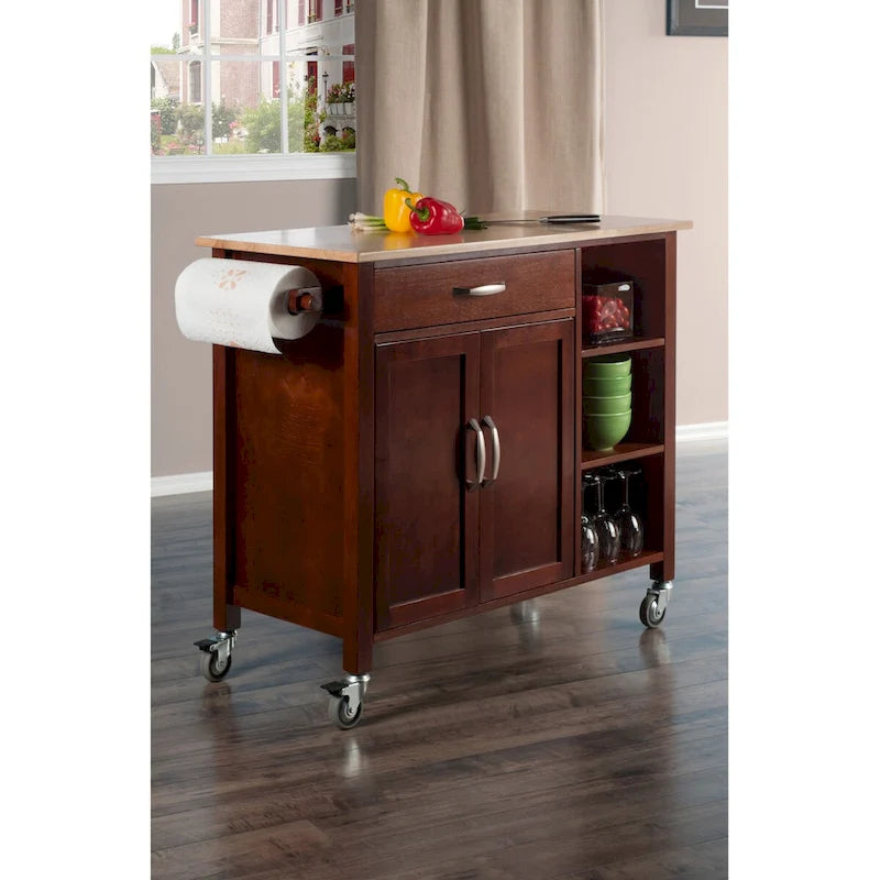 Utility Kitchen Cart with Drop Leaf, Walnut and Natural