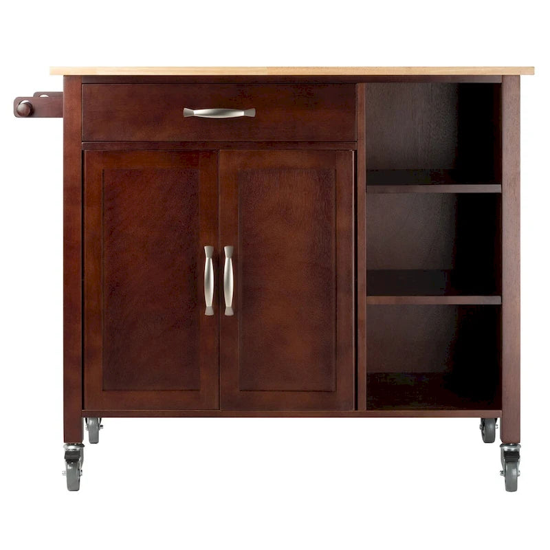 Utility Kitchen Cart with Drop Leaf, Walnut and Natural