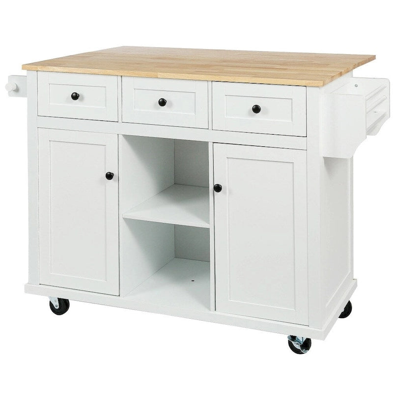 Kitchen Island on 5 Wheels with Storage Cabinet and 3 Drawers