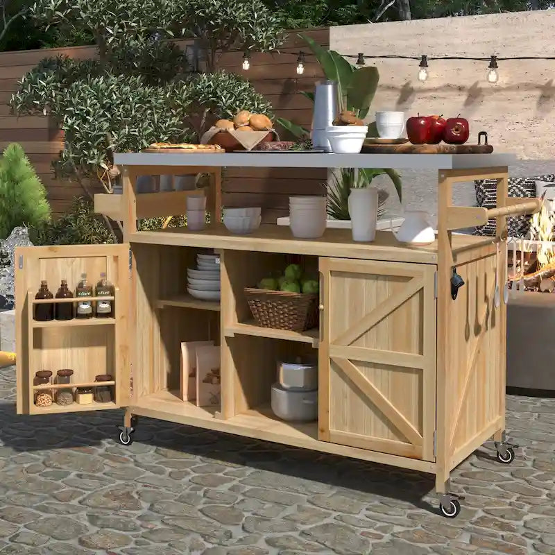Outdoor Kitchen Island Rolling Bar Cart with Stainless Steel Top, Spice Rack & Towel Rack
