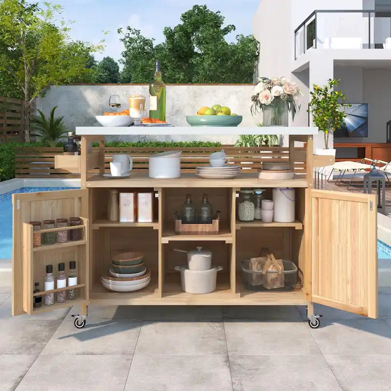 Outdoor Kitchen Island Rolling Bar Cart with Stainless Steel Top, Spice Rack & Towel Rack