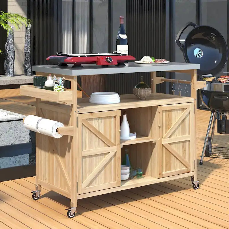 Outdoor Kitchen Island Rolling Bar Cart with Stainless Steel Top, Spice Rack & Towel Rack