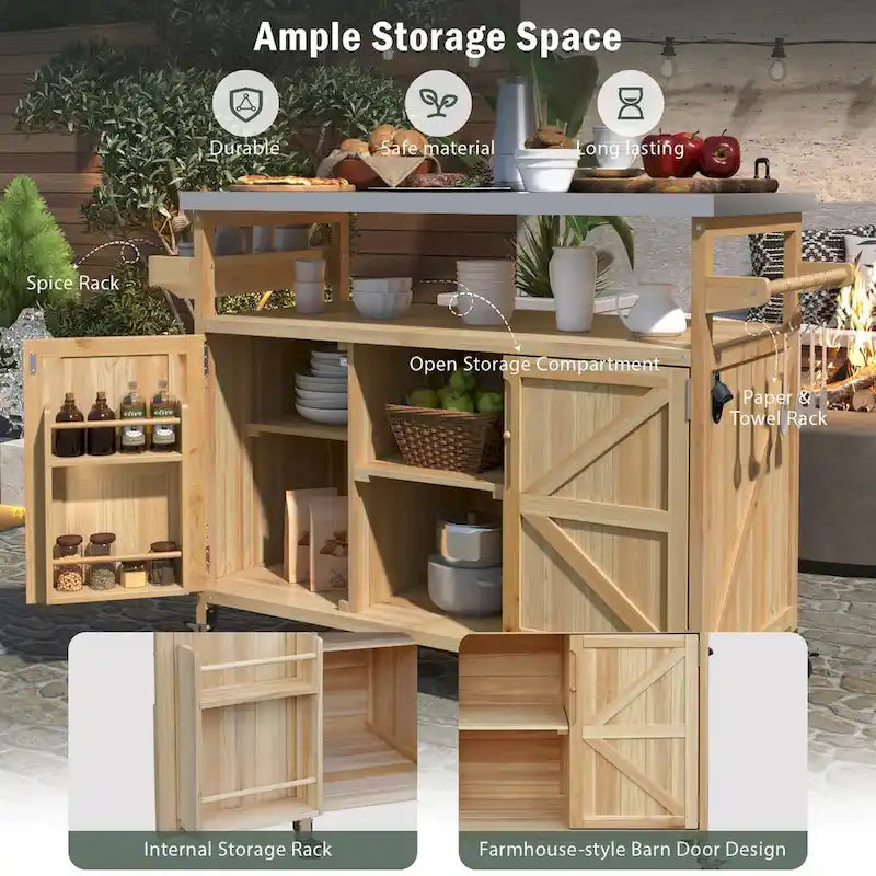 Outdoor Kitchen Island Rolling Bar Cart with Stainless Steel Top, Spice Rack & Towel Rack