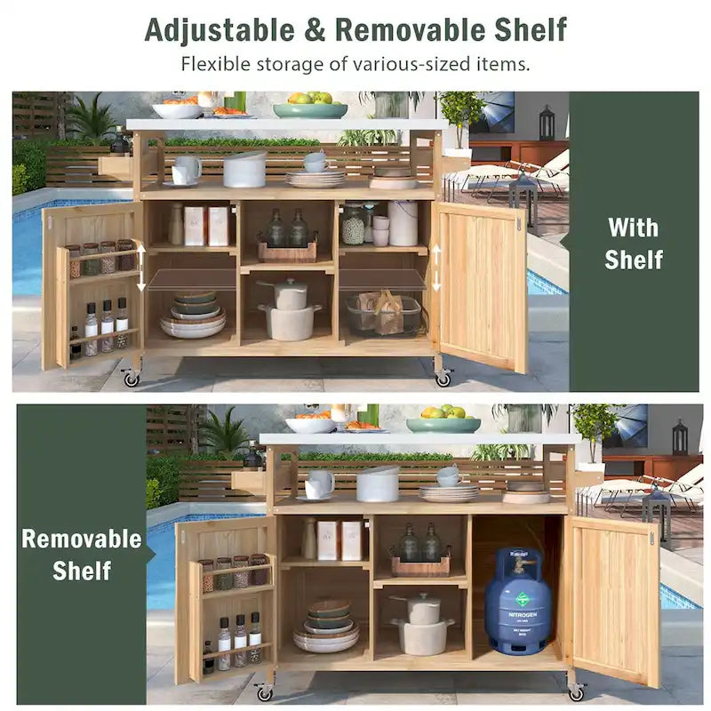 Outdoor Kitchen Island Rolling Bar Cart with Stainless Steel Top, Spice Rack & Towel Rack