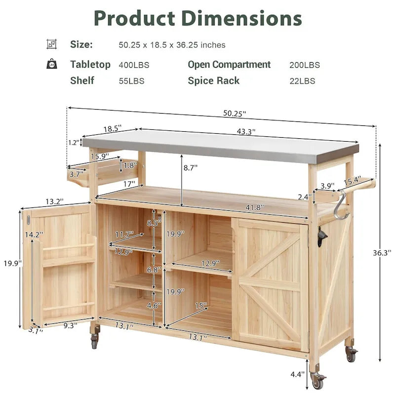 Outdoor Kitchen Island Rolling Bar Cart with Stainless Steel Top, Spice Rack & Towel Rack