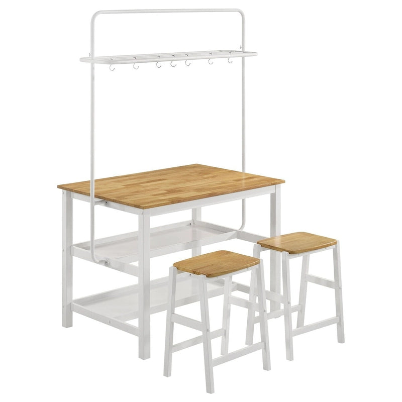 Brown and White Counter Height Kitchen Island with Pot Rack