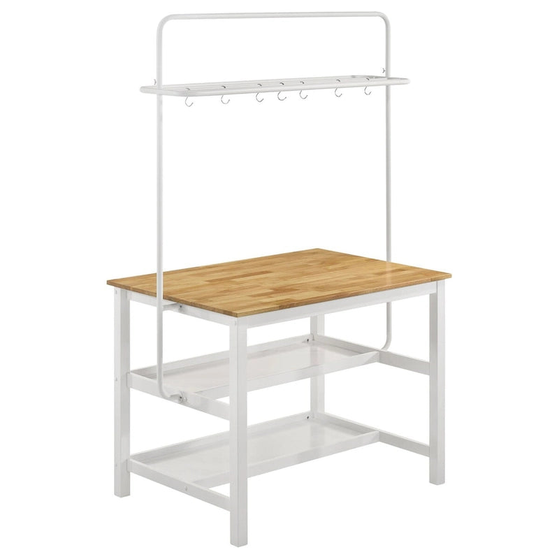 Brown and White Counter Height Kitchen Island with Pot Rack