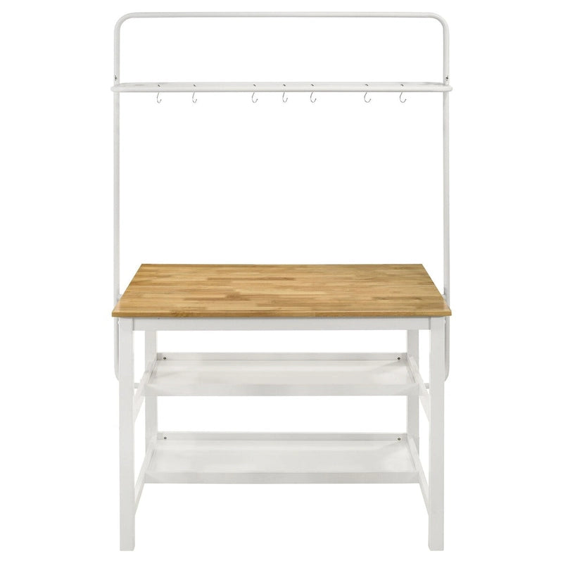 Brown and White Counter Height Kitchen Island with Pot Rack