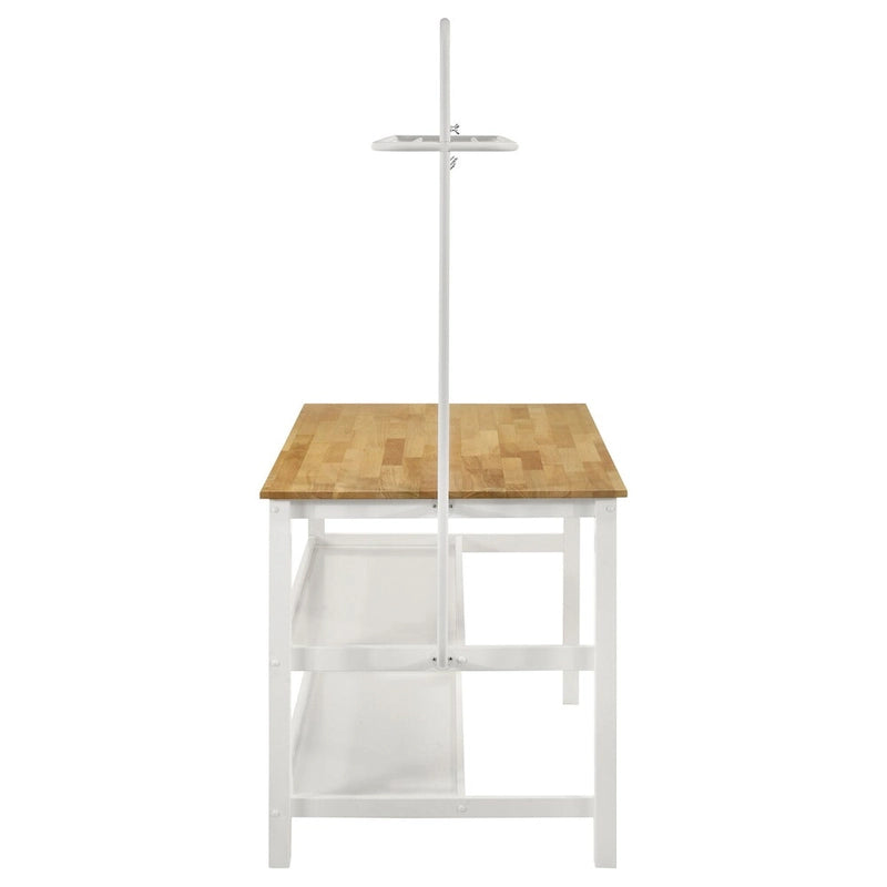 Brown and White Counter Height Kitchen Island with Pot Rack