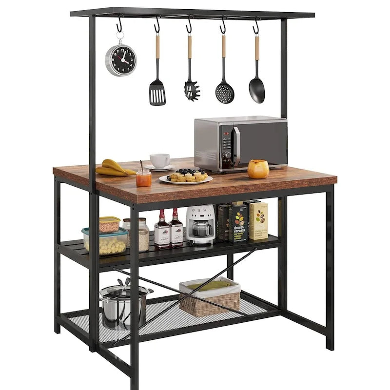 42-Inch 3-Tier Kitchen Island Table with Storage Shelves and Hooks
