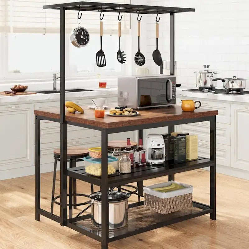42-Inch 3-Tier Kitchen Island Table with Storage Shelves and Hooks