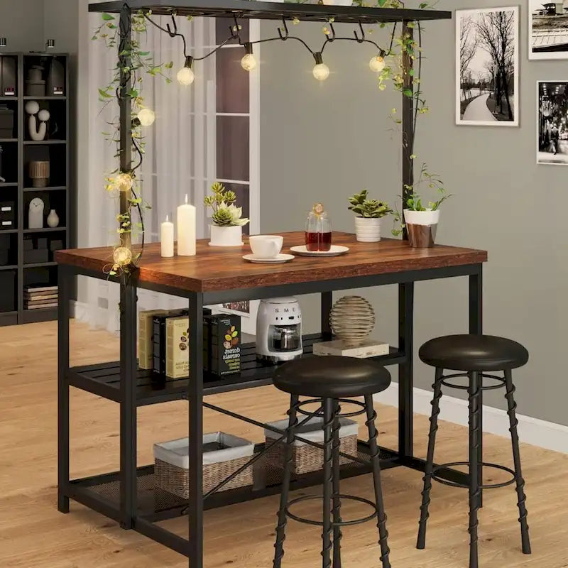 42-Inch 3-Tier Kitchen Island Table with Storage Shelves and Hooks