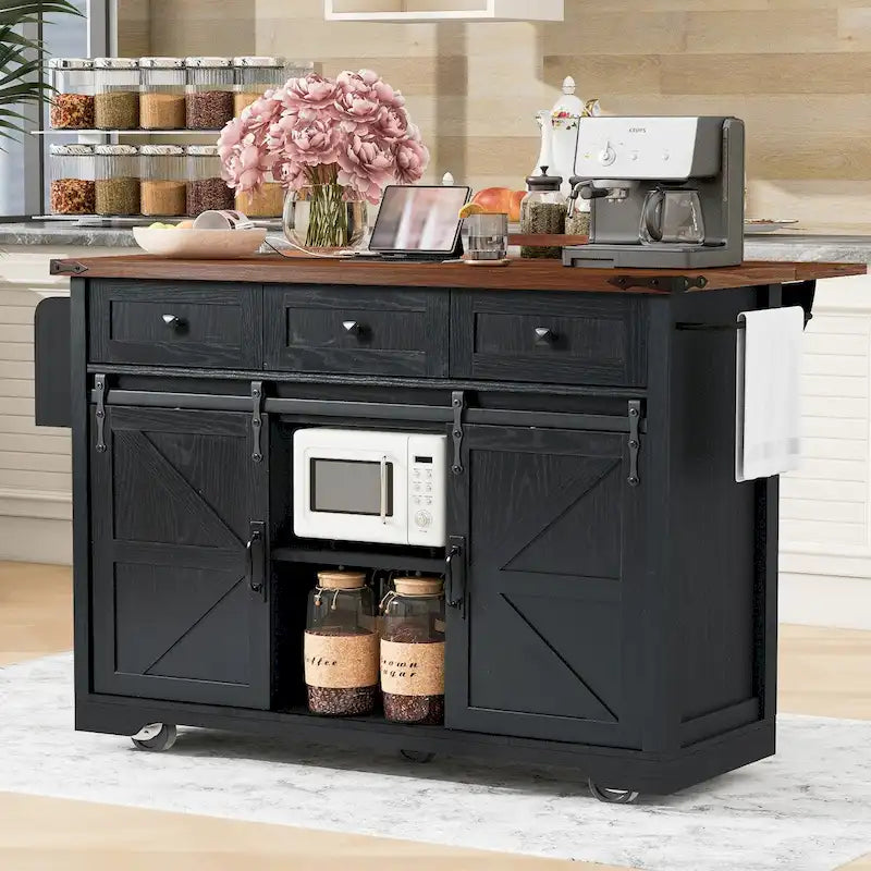 53.7" Farmhouse Kitchen Island with Power Outlet, 2 Sliding Barn Doors, Drop Leaf, Spice Rack & Storage Cart on Wheels