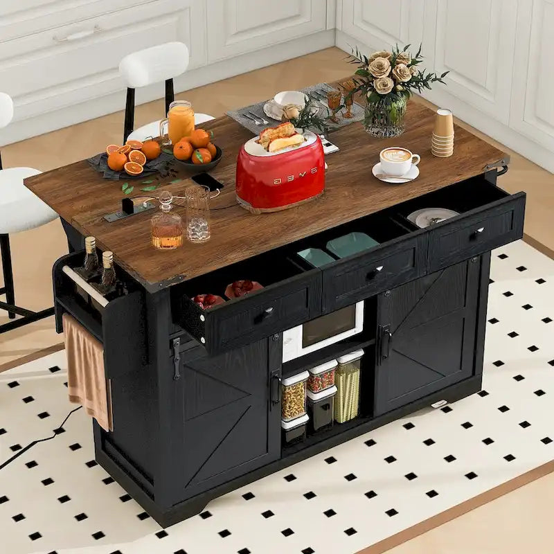 53.7" Farmhouse Kitchen Island with Power Outlet, 2 Sliding Barn Doors, Drop Leaf, Spice Rack & Storage Cart on Wheels