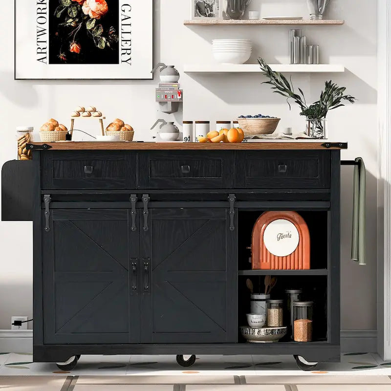 53.7" Farmhouse Kitchen Island with Power Outlet, 2 Sliding Barn Doors, Drop Leaf, Spice Rack & Storage Cart on Wheels