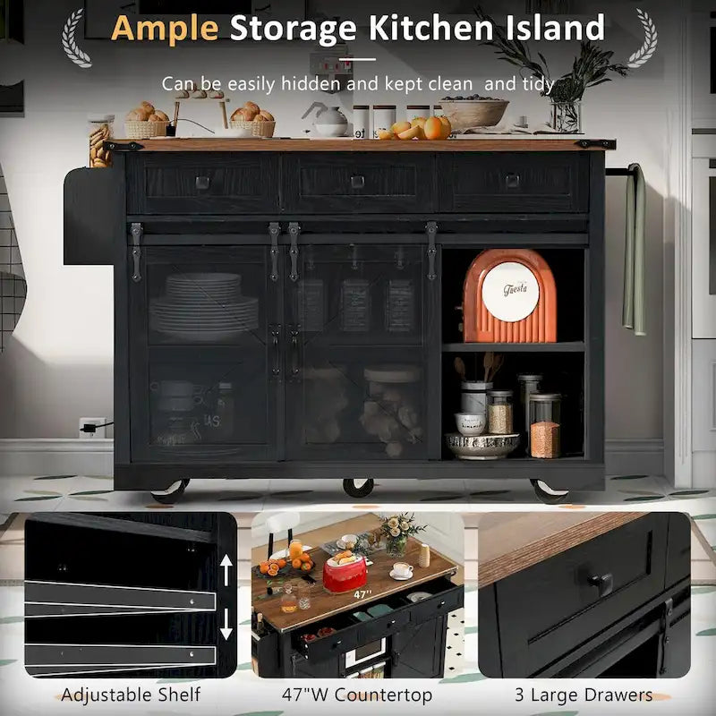 53.7" Farmhouse Kitchen Island with Power Outlet, 2 Sliding Barn Doors, Drop Leaf, Spice Rack & Storage Cart on Wheels