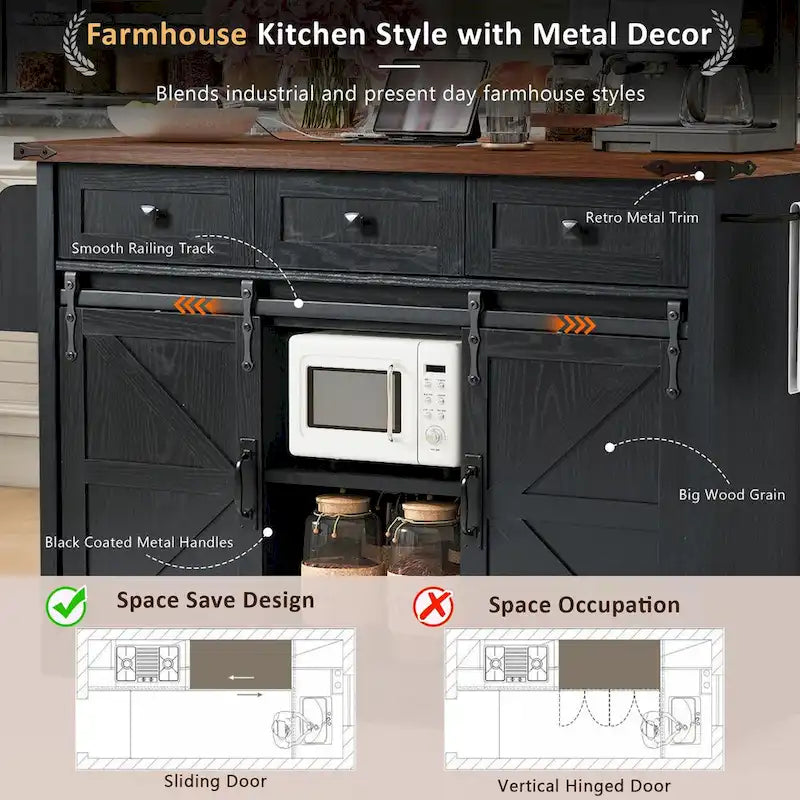 53.7" Farmhouse Kitchen Island with Power Outlet, 2 Sliding Barn Doors, Drop Leaf, Spice Rack & Storage Cart on Wheels