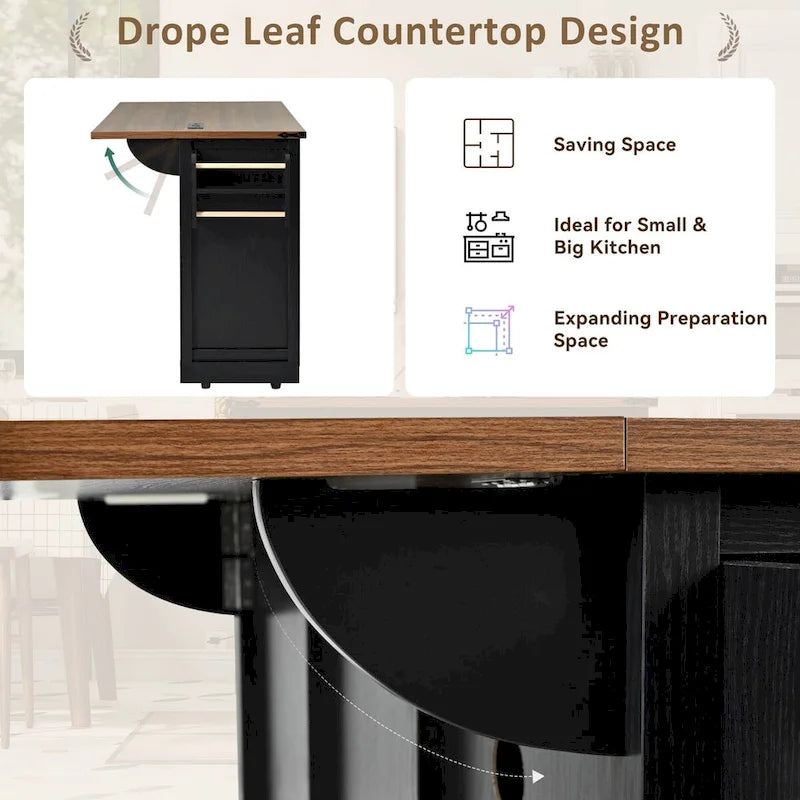 53.7" Farmhouse Kitchen Island with Power Outlet, 2 Sliding Barn Doors, Drop Leaf, Spice Rack & Storage Cart on Wheels