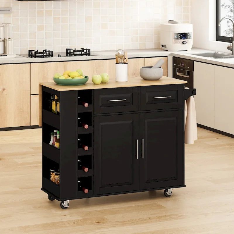 Kitchen Island Cart with Spice Rack, Towel Holder & Wine Rack