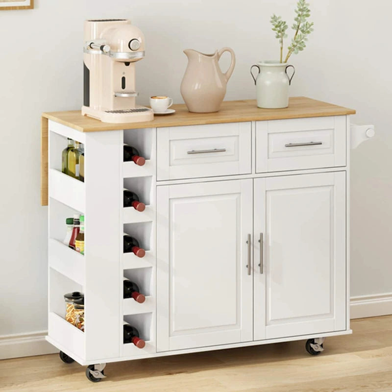 Kitchen Island Cart with Spice Rack, Towel Holder & Wine Rack